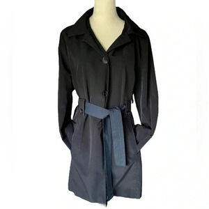 London Fog Belted Button Front Hooded Trench Coat Black Women Size L